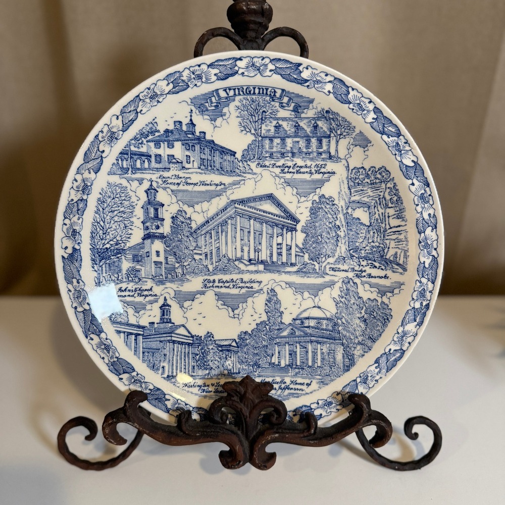 Vernon Kilns Virginia State Souvenir Plate Blue White Transferware Landmarks
